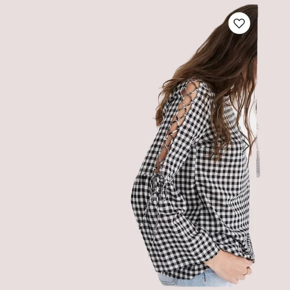 Madewell Gingham Lace-Up Black & White Plaid Bell Sleeve Top - Picture 3 of 9
